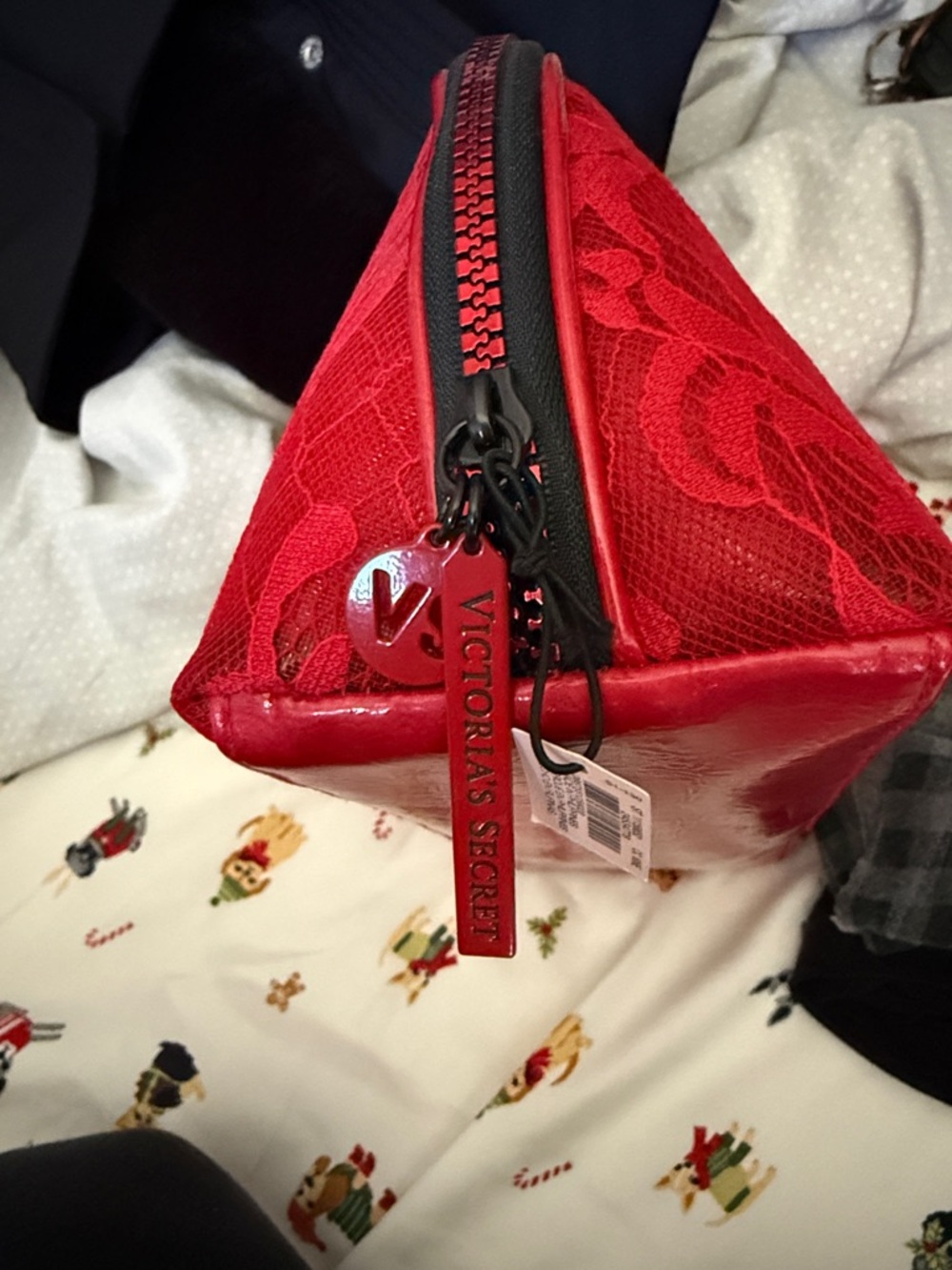 Victoria's Secret Red Lace Cosmetic Pouch with Black Script - Picture 3 of 3